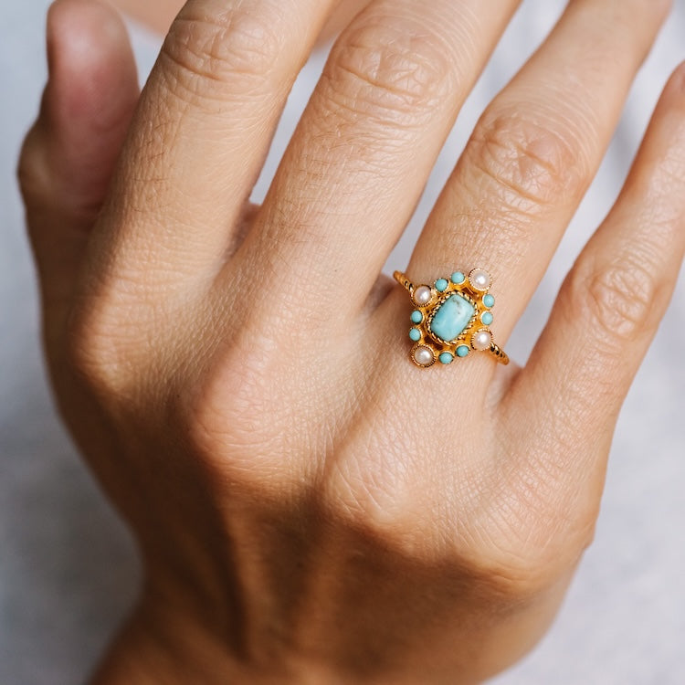 Turquoise and Pearl Statement Santorini Ring