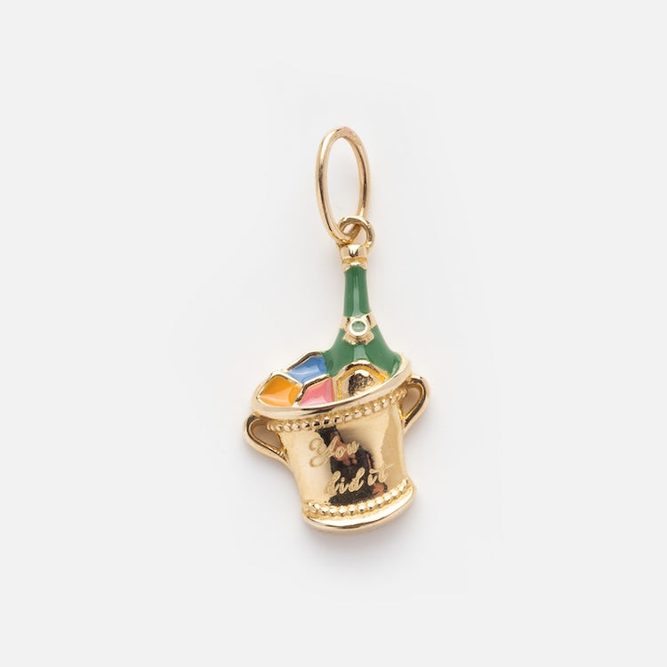 The Solid Gold Celebration Charm is a 9k yellow gold piece featuring an ice bucket with a green champagne bottle and colorful ice cubes, engraved script on the bucket, shown against a plain white background.