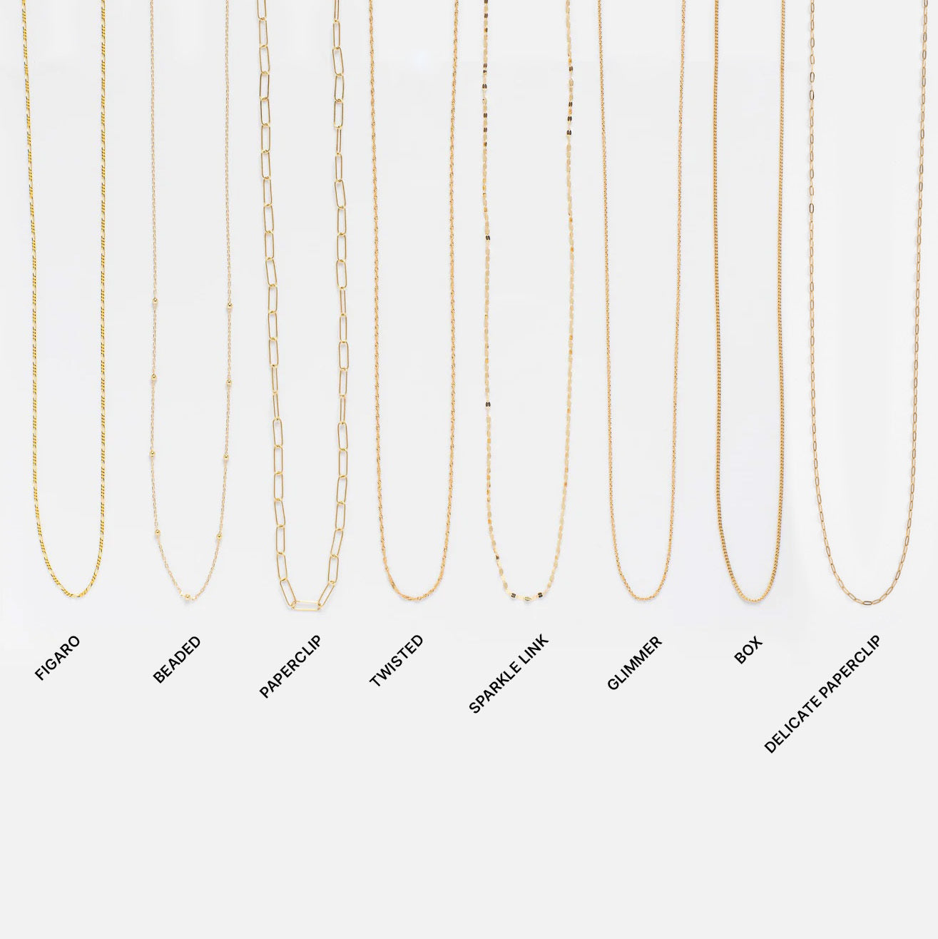 Eight Solid Gold Chain for Charms are shown vertically on a white background, labeled Figaro, Beaded, Paperclip, Twisted, Sparkle Link, Glimmer, Box, and Delicate Paperclip—perfect for layering or personalizing your necklace.