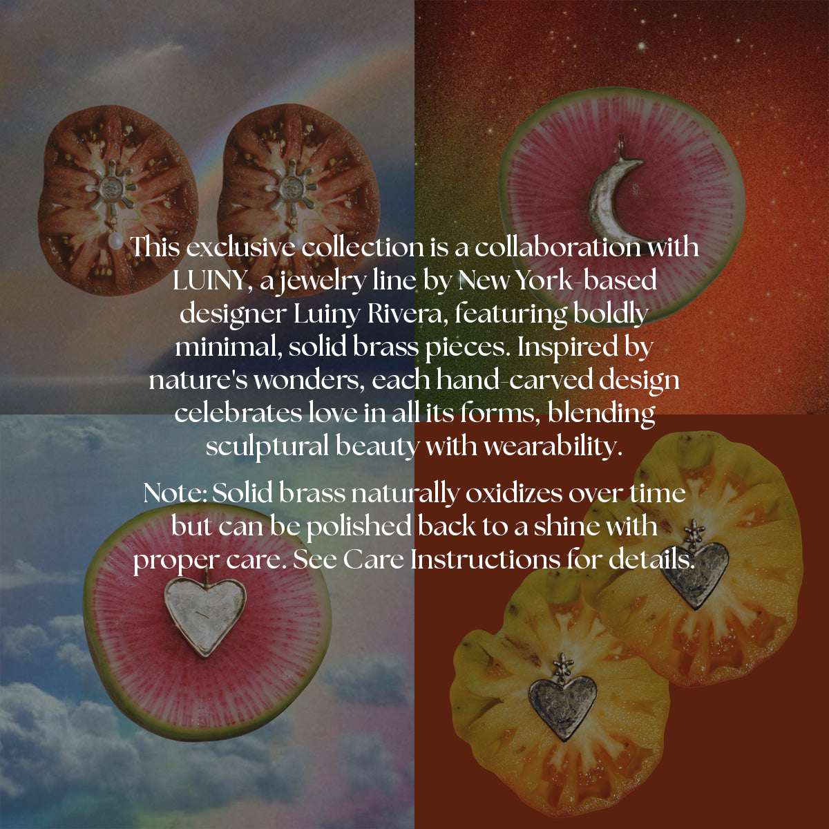 Four fruit halves (two tomatoes, a kiwi, and a watermelon) each display a heart-shaped Luiny x Local Eclectic Charm. Overlaid text highlights care notes for brass and the exclusive pendant inspired by nature.