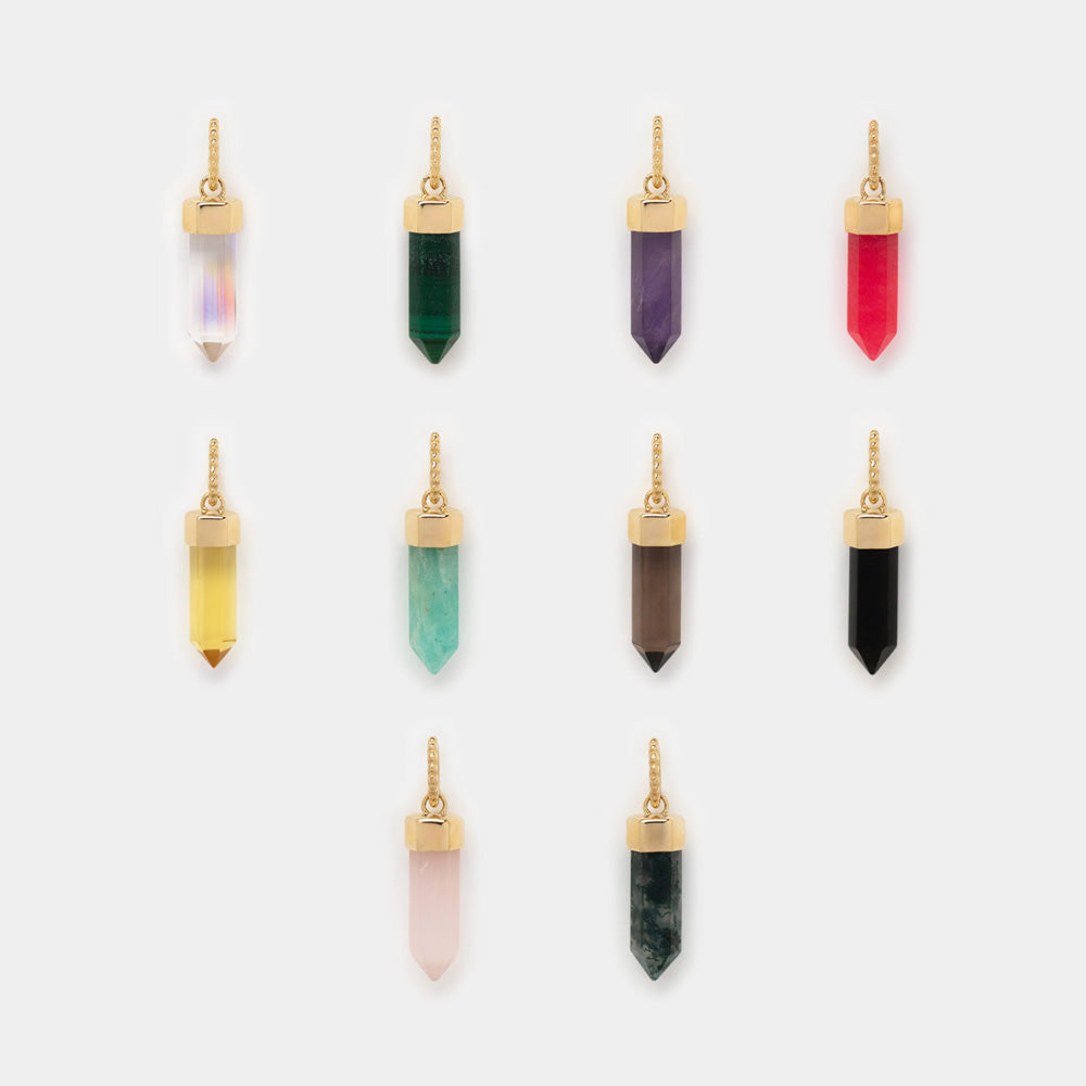 Ten Solid Gold Crystal Charms for Manifestation, featuring natural crystals in clear, green, purple, red, yellow, turquoise, brown, black, pink, and dark green hues—arranged in a grid on a white background.