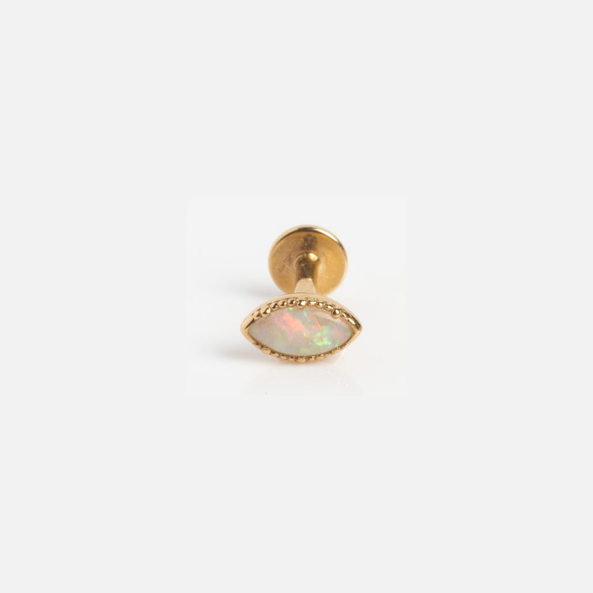 The Solid Gold Flat Back Studs feature a marquise-shaped iridescent opal set in a delicate gold bezel, offering comfort and elegance. Shown on a plain white background.