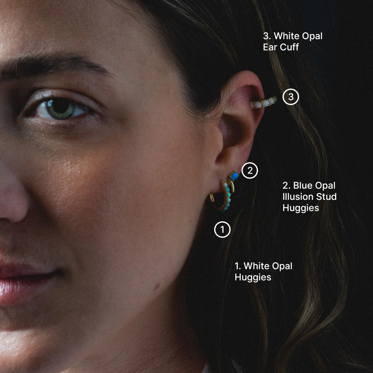 A close-up of a womans left ear wearing White Opal Huggies and two other simulated opal earrings—an 18k gold plated white opal huggie, a blue opal illusion stud huggie, and a white opal ear cuff—each numbered with descriptions.
