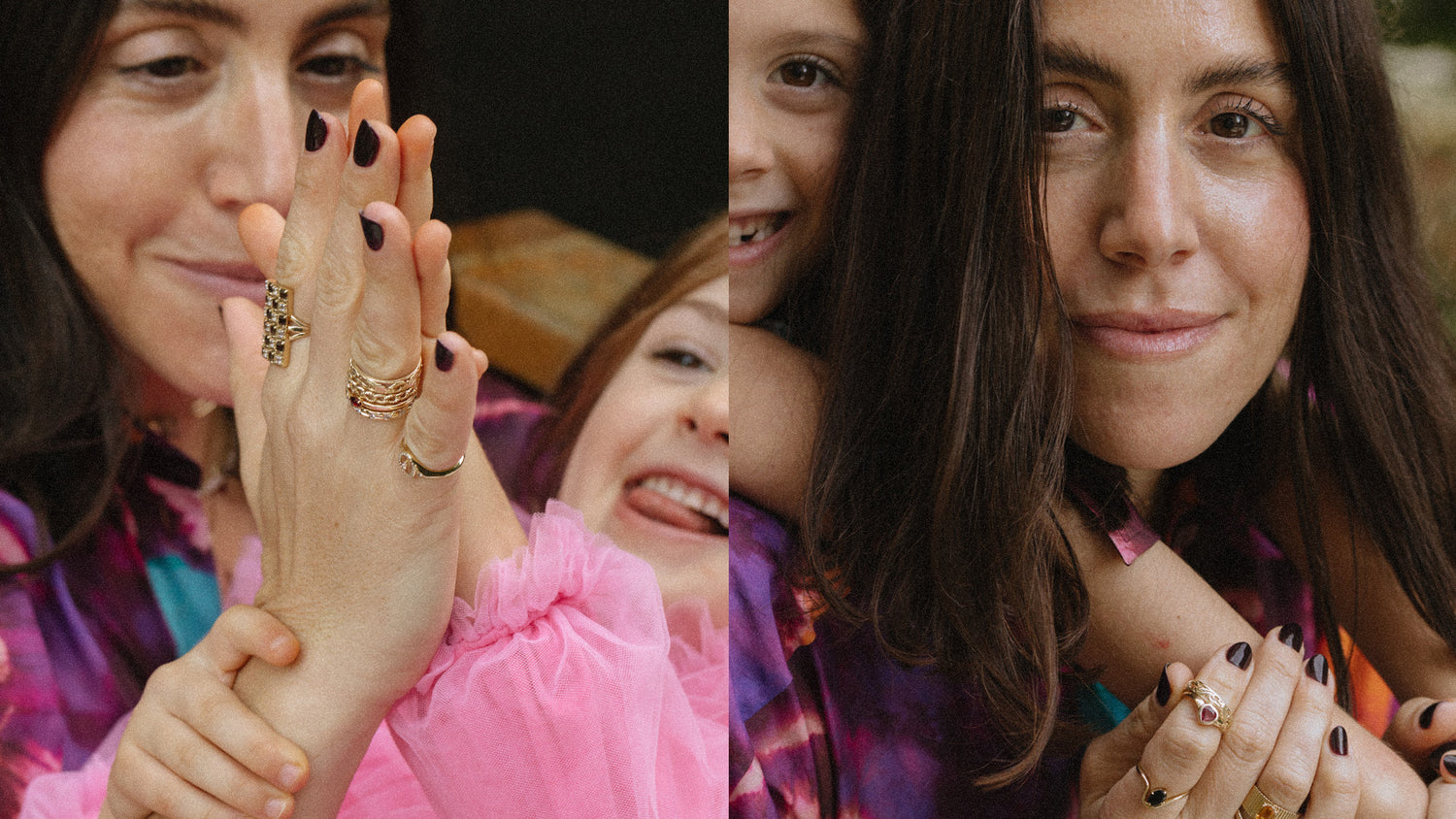 Woman showing off rings on her hand with a child in a pink outfit, followed by a close-up of the woman's face.