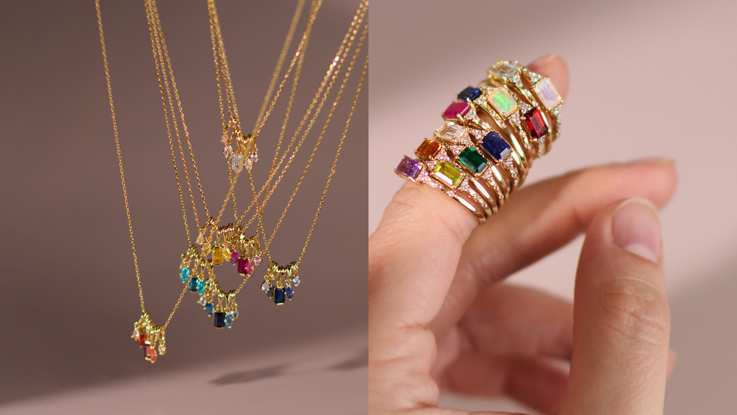 Jewelry set with necklaces and rings featuring colorful gemstones on a neutral background.