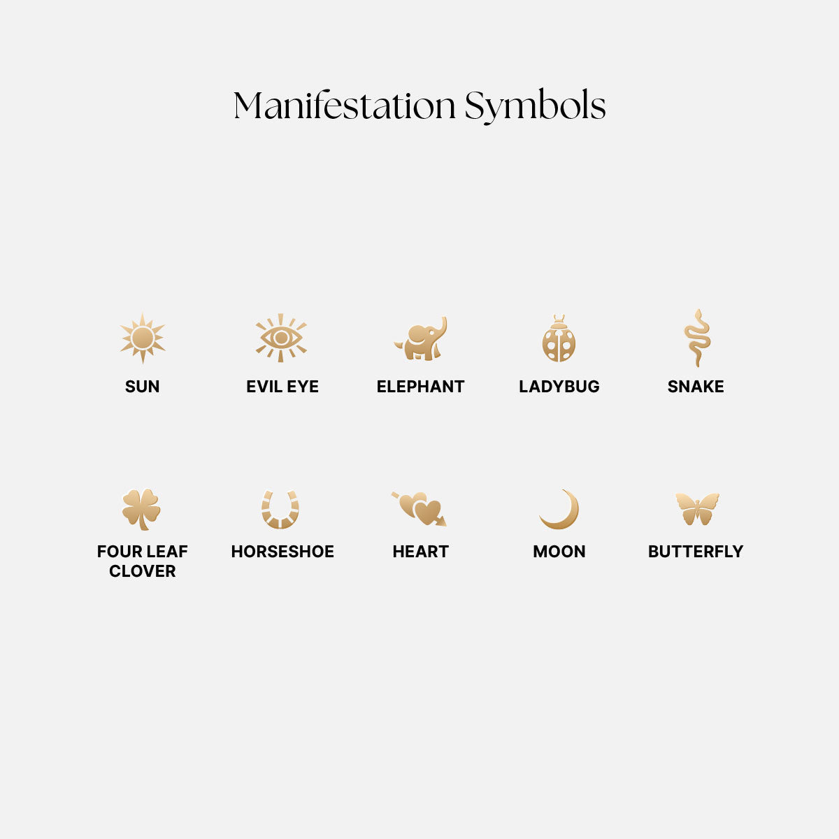 Manifestation symbols including sun, evil eye, elephant, ladybug, snake, four leaf clover, horseshoe, heart, moon, and butterfly on a white background.