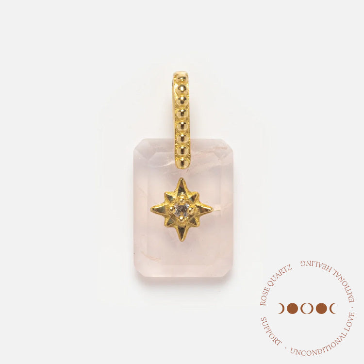 A Solid Gold Crystal Amulet Charm for Manifestation featuring a rectangular rose quartz with a gold loop and star detail, displayed on white with “Rose Quartz | Emotional Healing | Support | Unconditional Love” in a circular text.