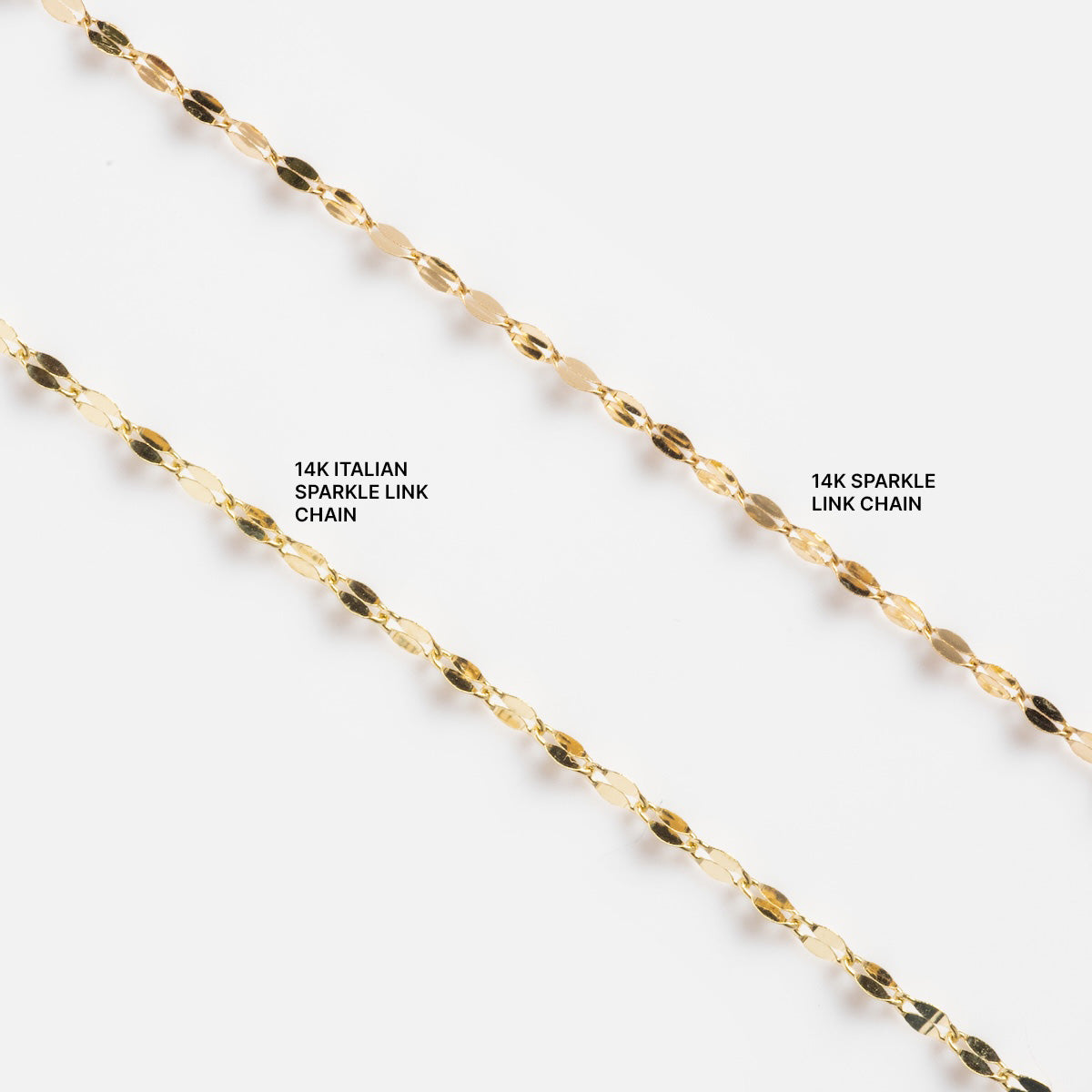 Two Solid Gold Chain for Charms are displayed diagonally on a white background, featuring twisted, reflective links ideal for a charm necklace.