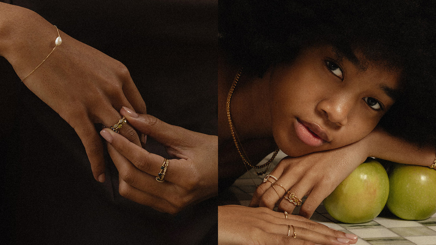 Close up of a woman wearing gold stacking ring with apples in the background