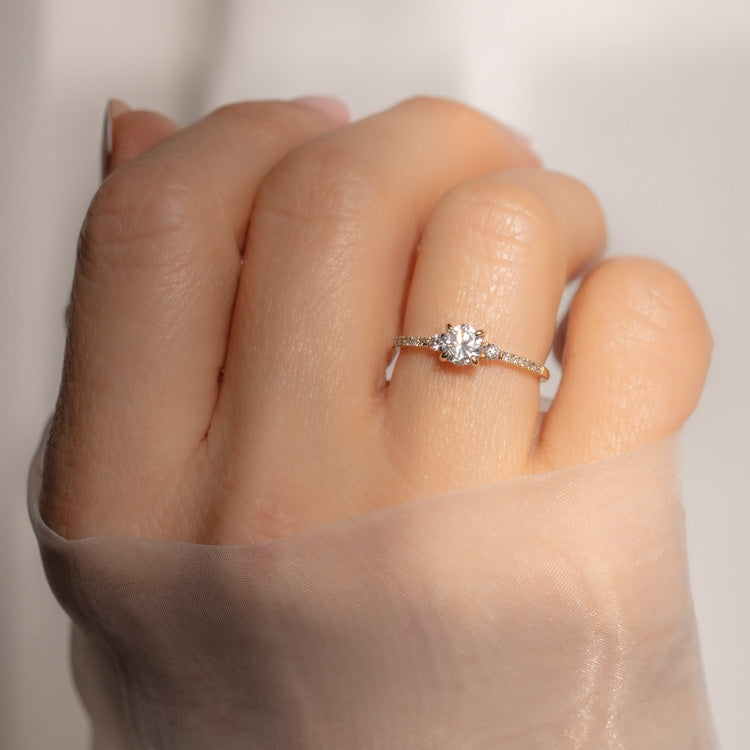 14k Round Cut Diamond Trio Engagement Ring with Pave Diamond Band solid yellow gold modern fine jewelry carried jewels