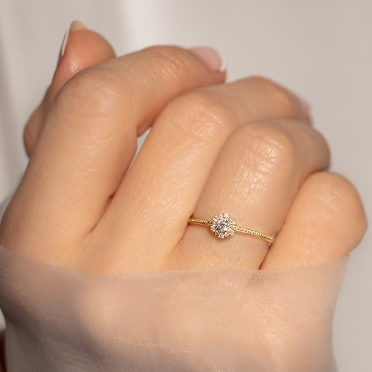 14k Round Cut Diamond Floral Engagement Ring dainty yellow gold fine solid minimal modern jewelry carried jewels