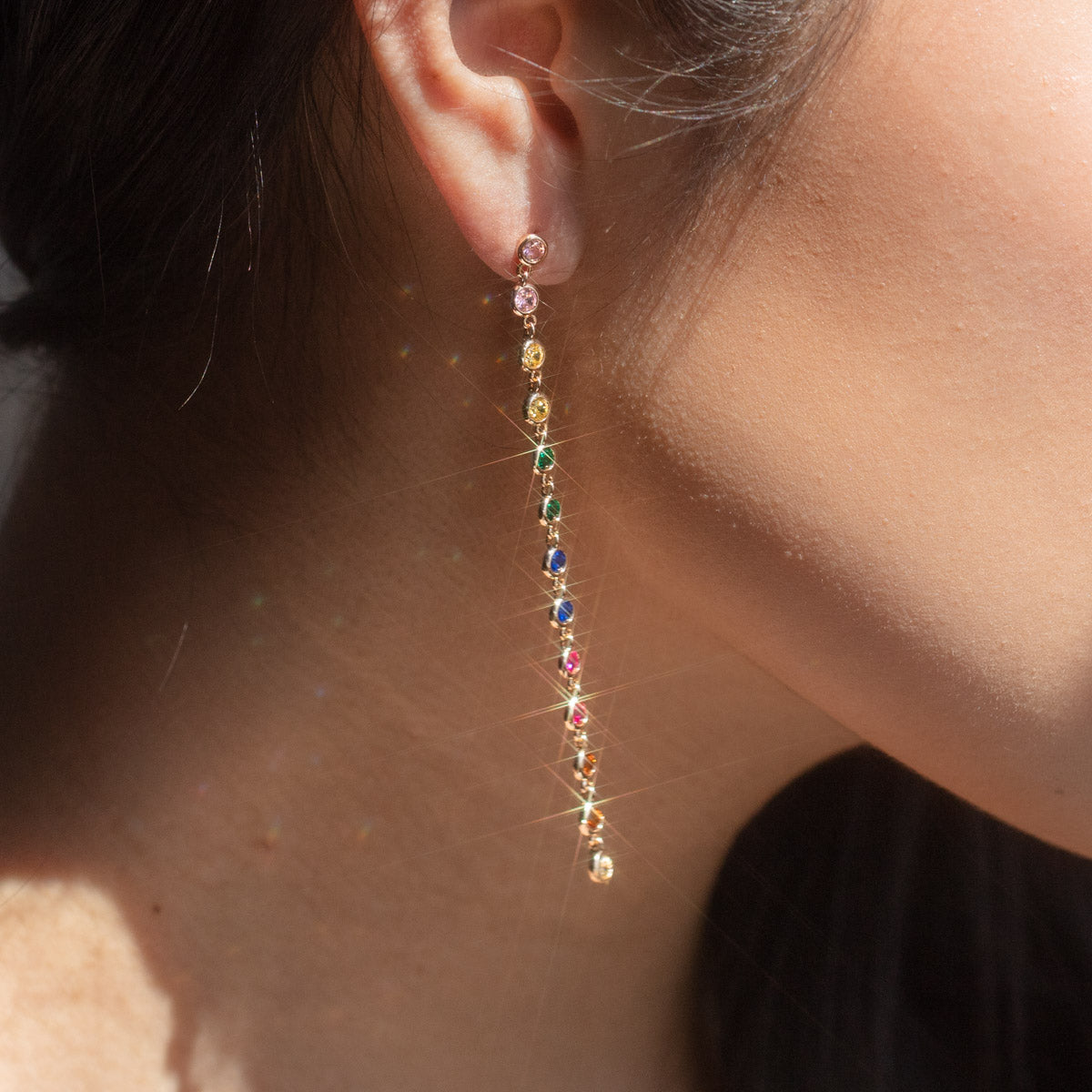 Cici Bezel Long Duster Earrings in Rainbow