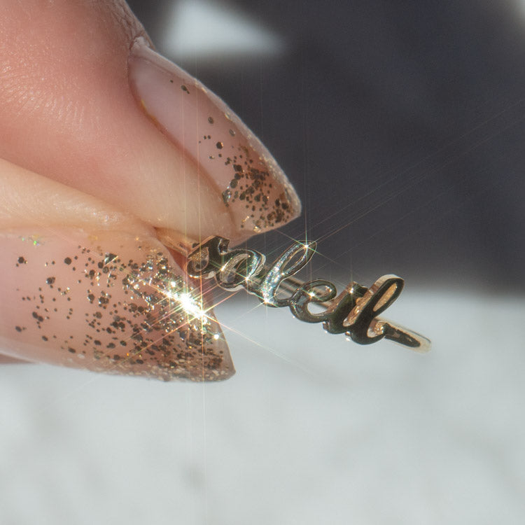 "Say My Name" 14K Custom Cursive Letter Ring fine solid yellow gold jewelry charlie and marcelle dainty