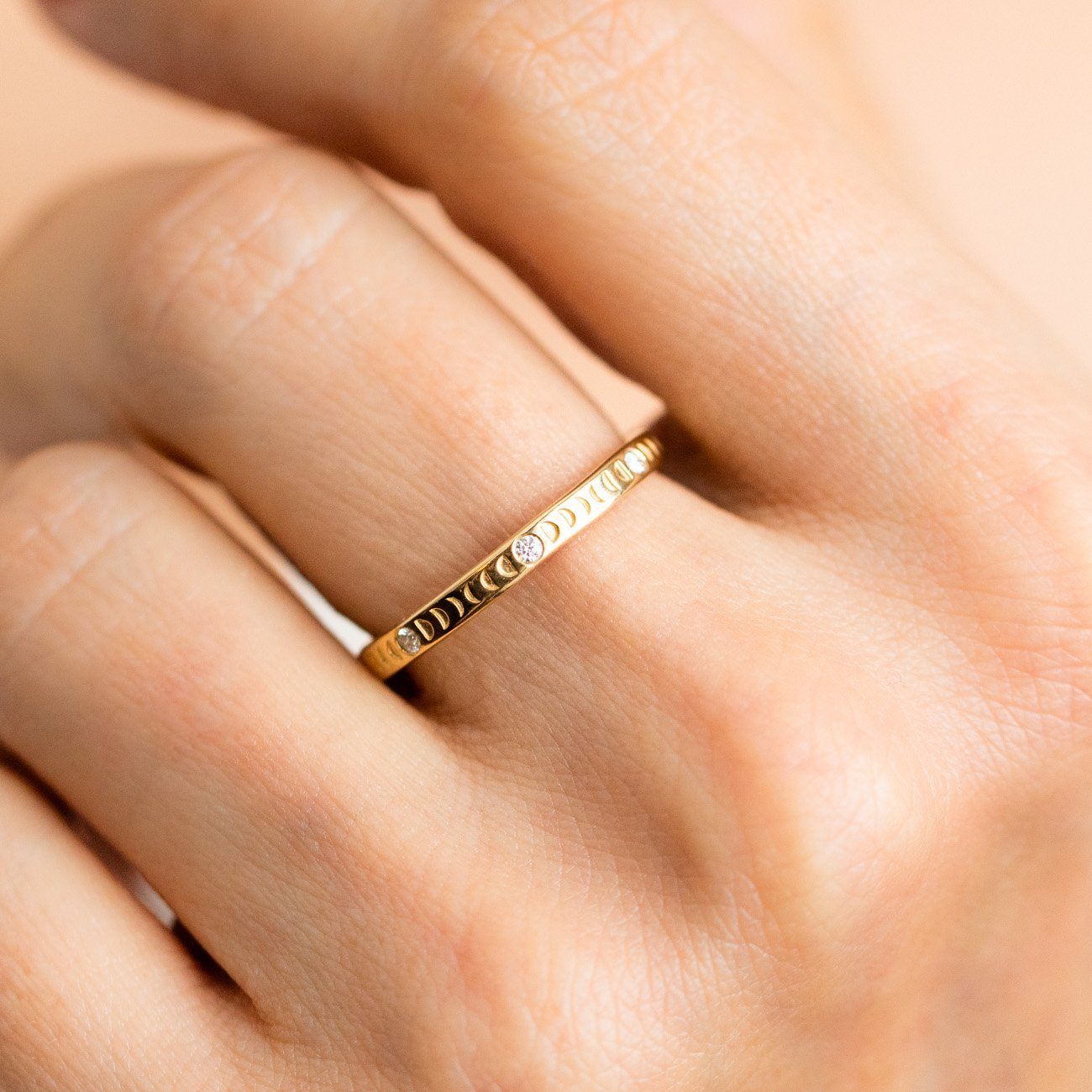 18k solid yellow gold moon phase ring full moon diamonds engraved band