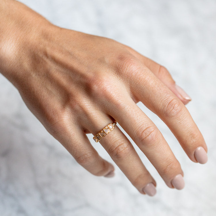 Geometric Bar Ring with Triangle Cut Diamonds unique solid yellow gold fine jewelry artemer