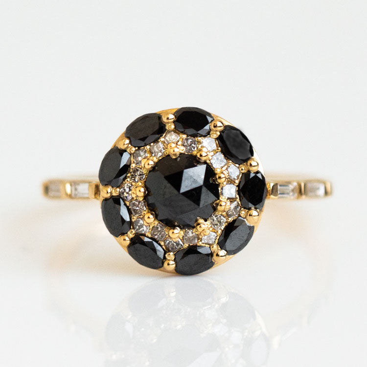 Black Diamond Mandala Engagement Ring unique statement modern yellow gold jewelry artemer