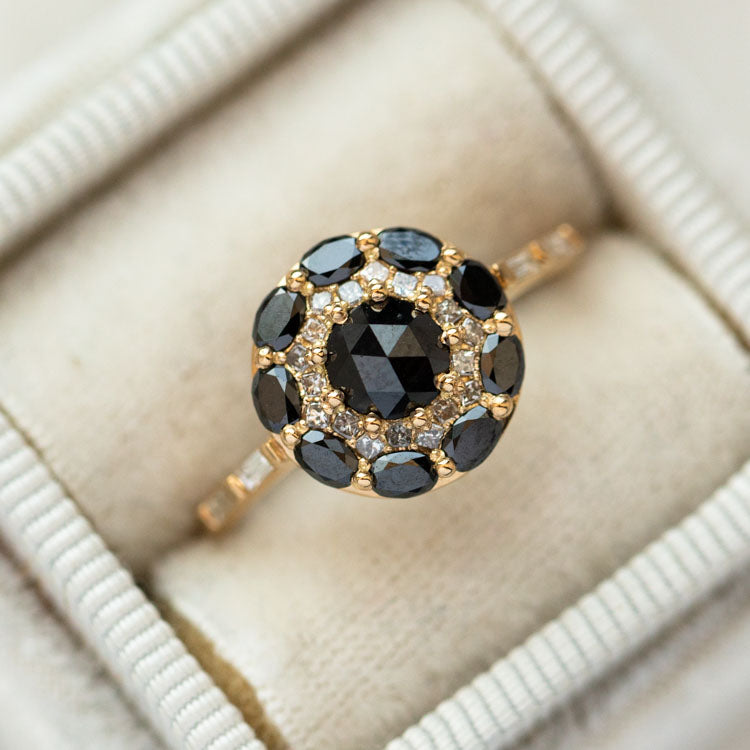 Black Diamond Mandala Engagement Ring unique statement modern yellow gold jewelry artemer