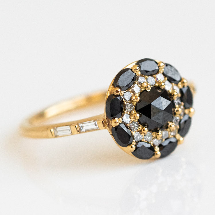 Black Diamond Mandala Engagement Ring unique statement modern yellow gold jewelry artemer