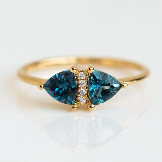Vintage Style Engagement Ring with Teal Sapphire Trillions yellow gold modern fine jewelry artemer