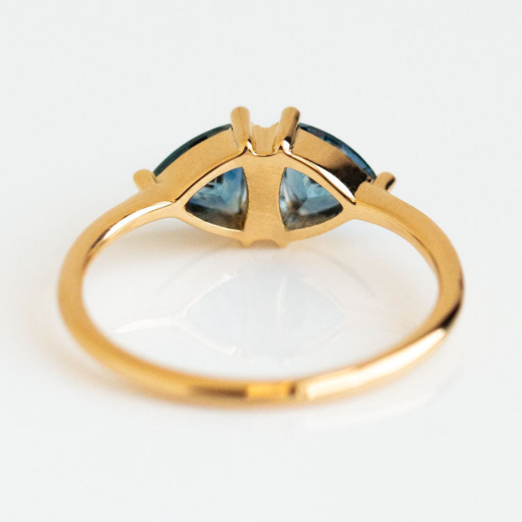 Vintage Style Engagement Ring with Teal Sapphire Trillions yellow gold modern fine jewelry artemer