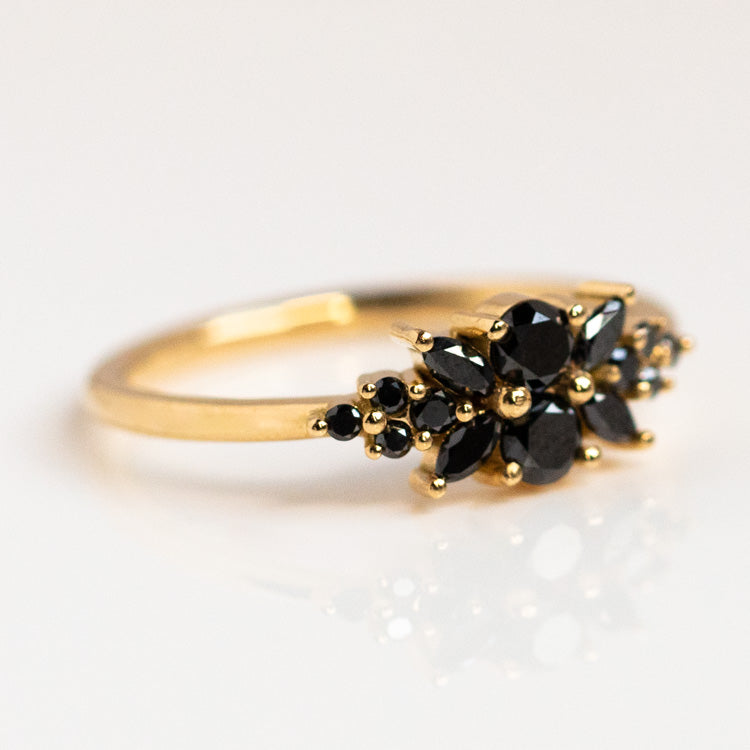 Black Diamond Flora Engagement Ring yellow gold modern statement moody fine jewelry artemer