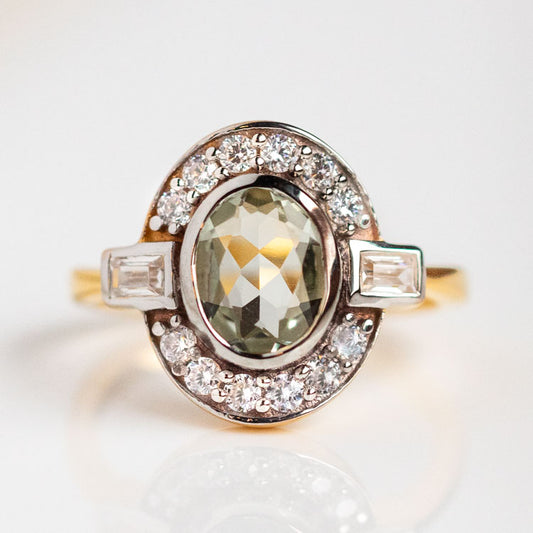 Oval Deco Green Amethyst and CZ Ring