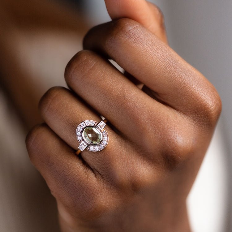 Oval Deco Green Amethyst and CZ Ring