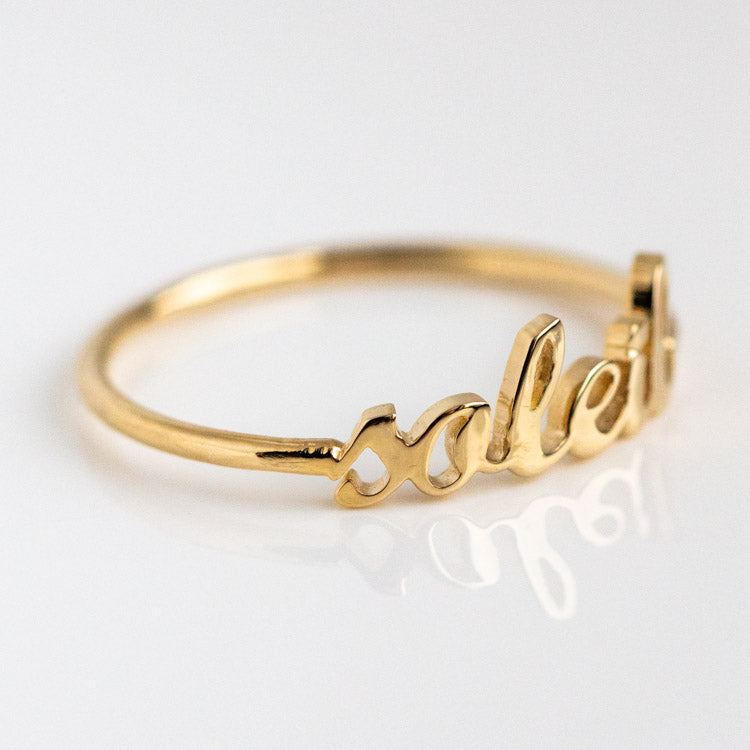 "Say My Name" 14K Custom Cursive Letter Ring fine solid yellow gold jewelry charlie and marcelle dainty