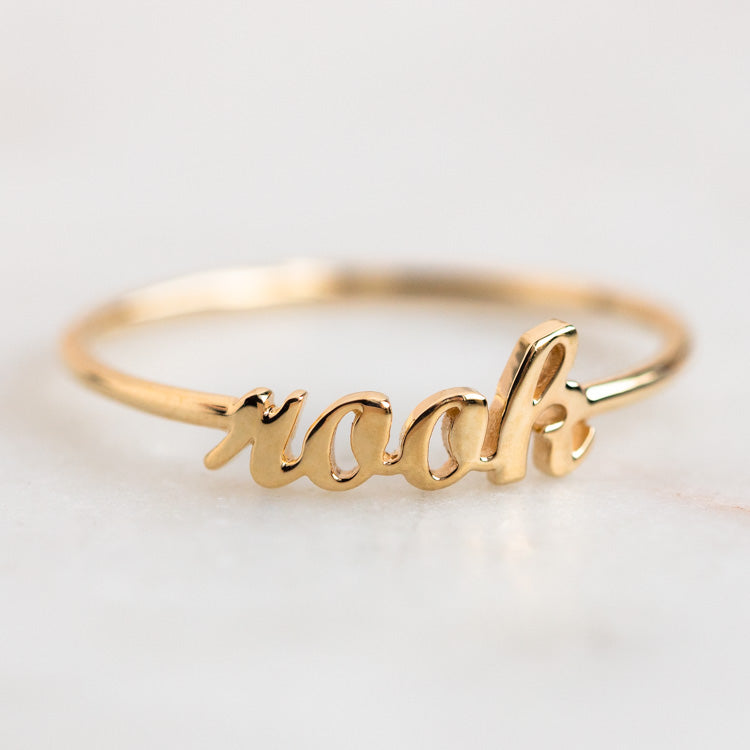 "Say My Name" 14K Custom Cursive Letter Ring fine solid yellow gold jewelry charlie and marcelle dainty