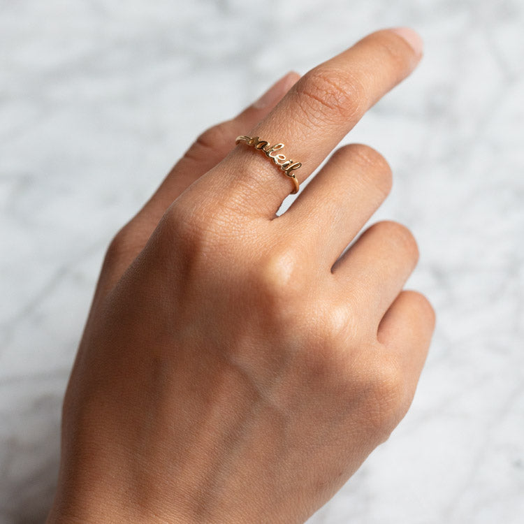 "Say My Name" 14K Custom Cursive Letter Ring fine solid yellow gold jewelry charlie and marcelle dainty