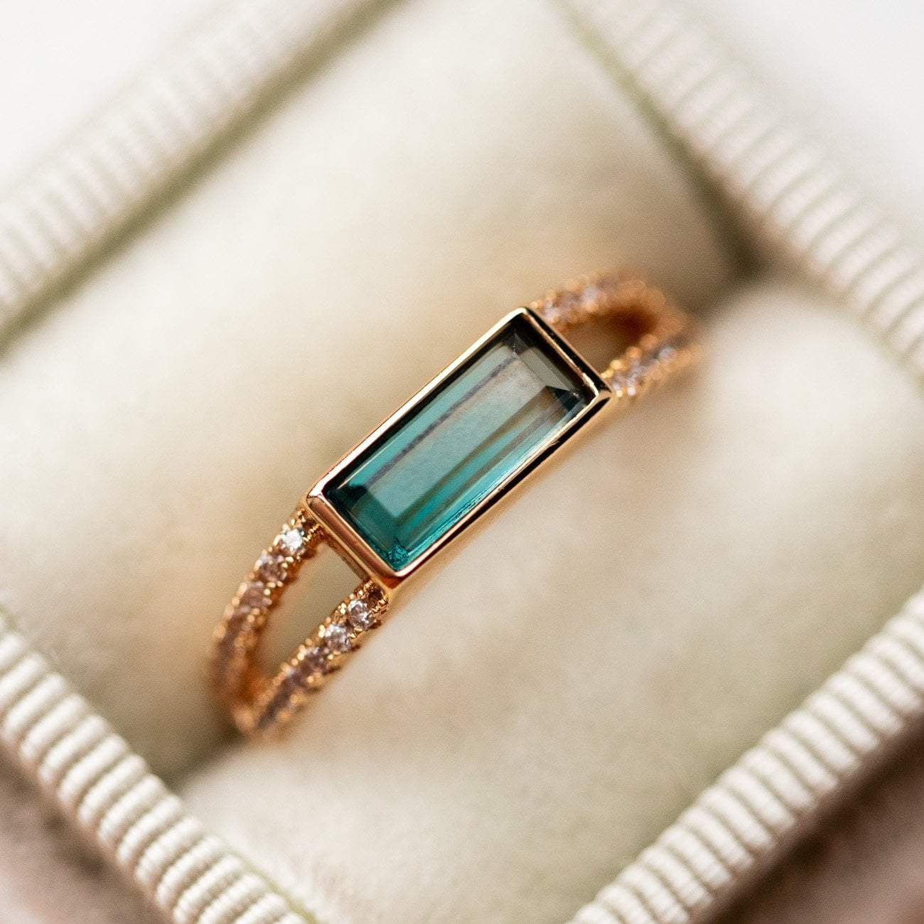 Blue Tourmaline Baguette Diamond Gold Ring