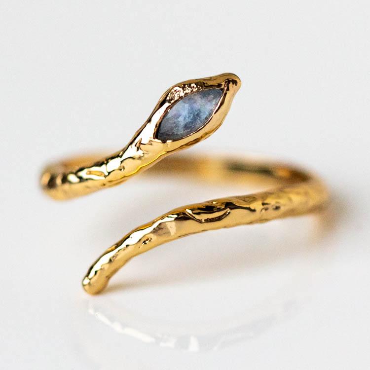 Mystic Serpent Ring in Labradorite yellow gold modern snake inspired jewelry