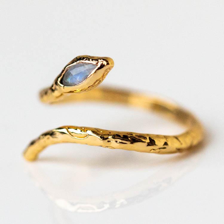Mystic Serpent Ring in Labradorite yellow gold modern snake inspired jewelry