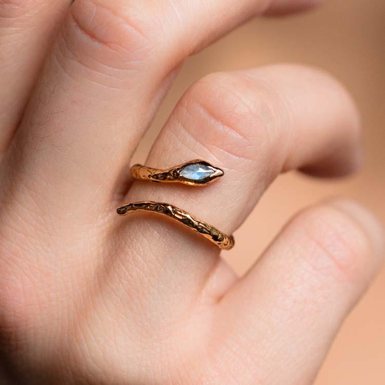 Mystic Serpent Ring in Labradorite yellow gold modern snake inspired jewelry