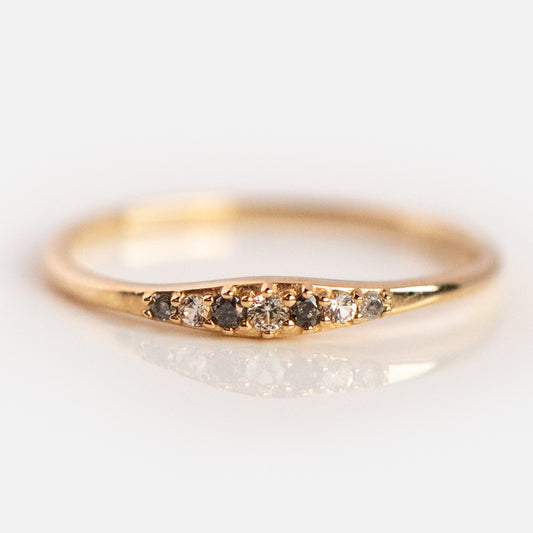 The Solid Gold Classic Salt and Pepper Diamond Ring showcases five sparkling salt and pepper diamonds set in a row on a delicate gold band, beautifully photographed against a white background.