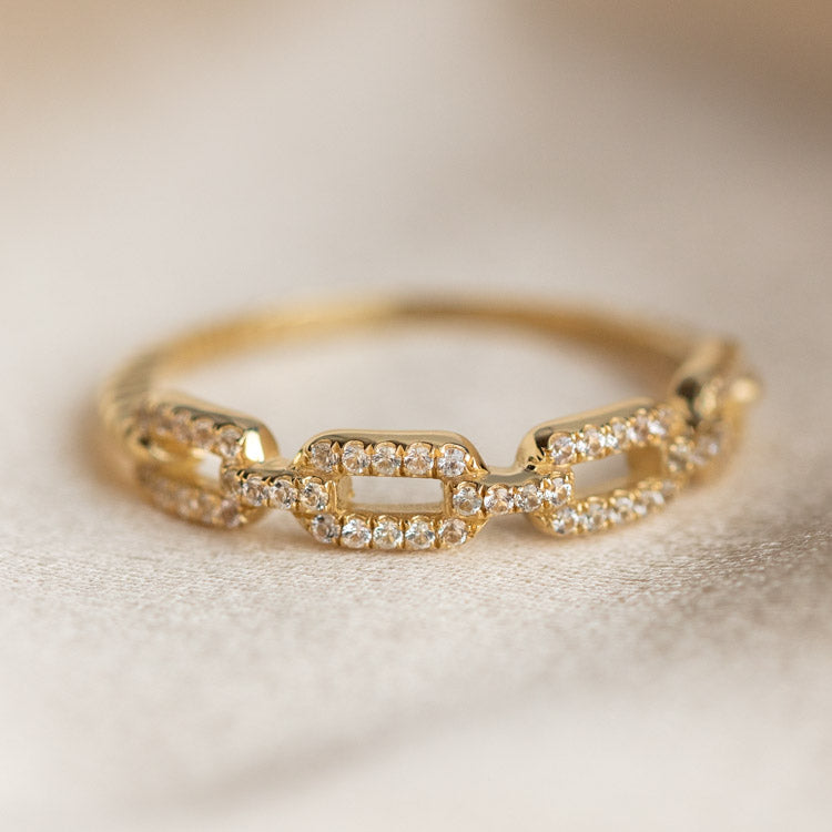 Solid Gold White Sapphire Chunky Chain Link Ring solid yellow gold fine jewelry family gold