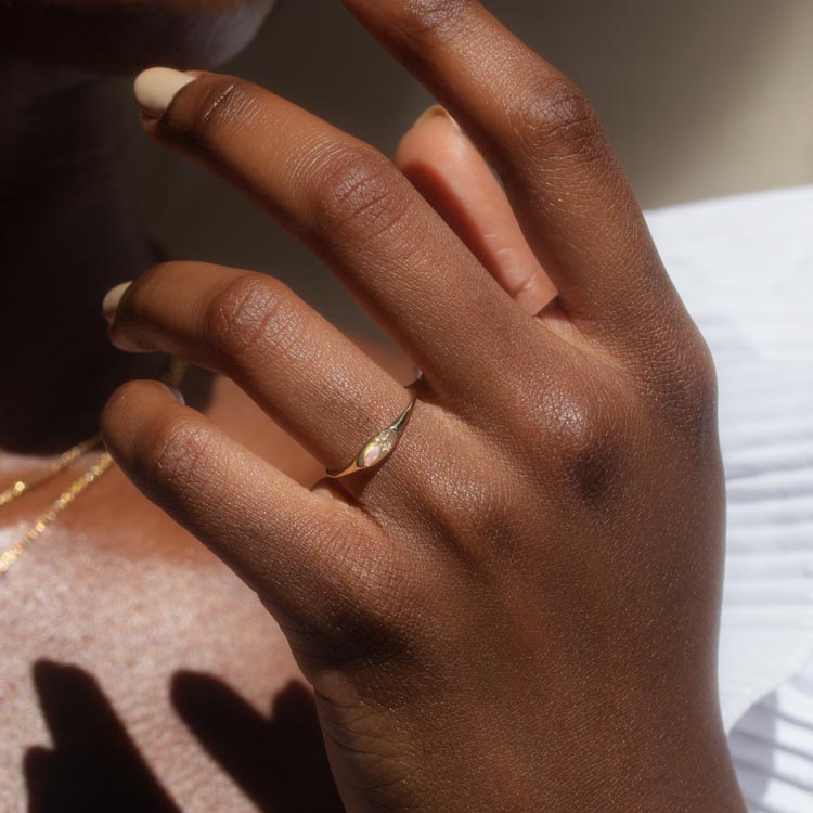 Solid Gold Opal and Diamond Signet Ring dainty yellow solid gold fine jewelry family gold