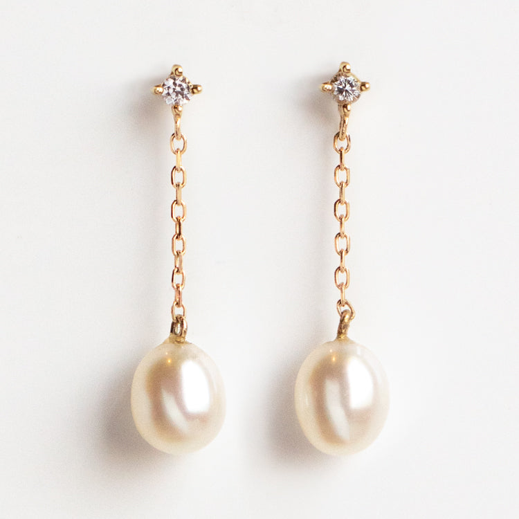 Local Eclectic Solid Gold Pearl and White Sapphire Drop Earrings