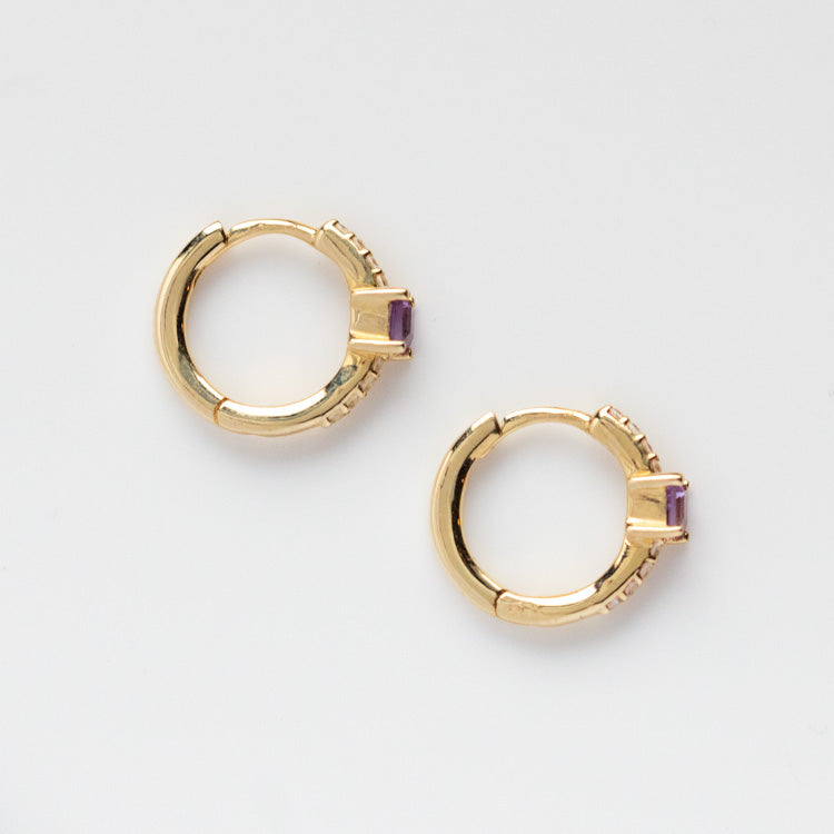Solid Gold Elegant Amethyst Pave Huggie Hoops