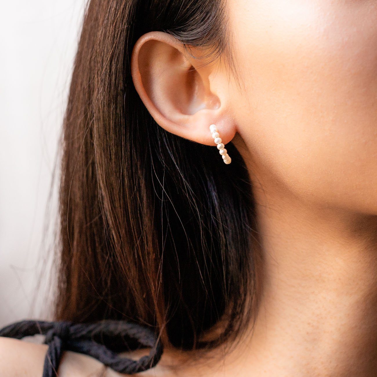 Solid Gold Simple Pearl Huggie Hoops earrings Family Gold
