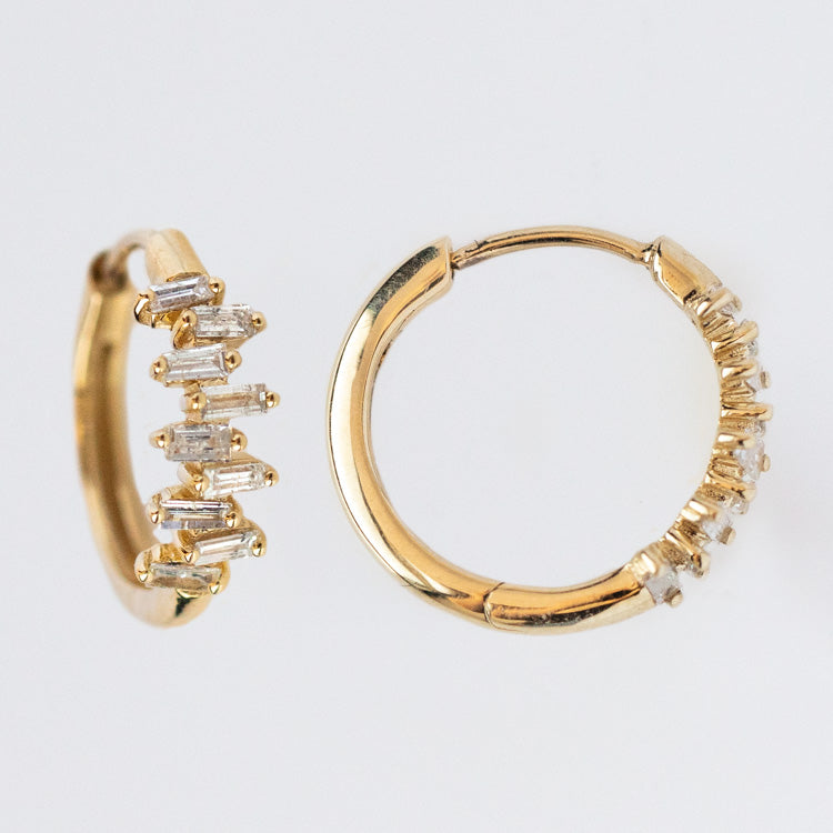 Local Eclectic Solid Gold Diamond Baguette Huggie Hoops