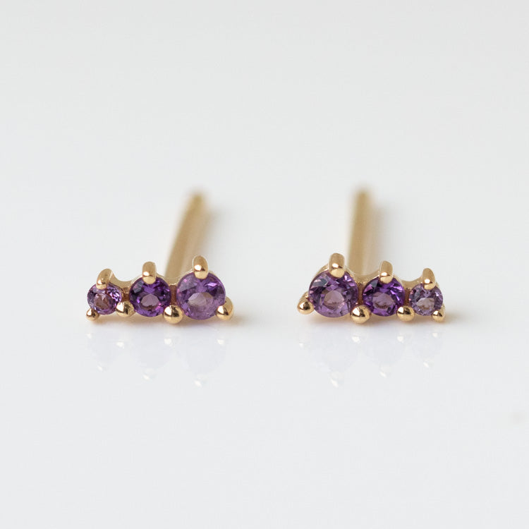 Solid Gold Dainty Ombre Birthstone Bar Studs amethyst