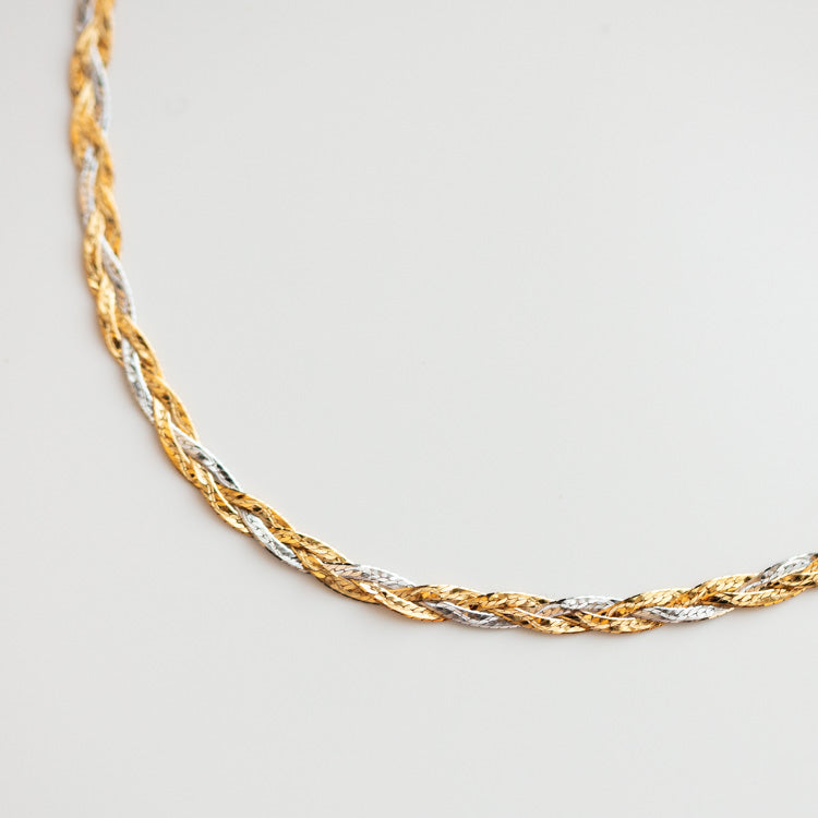 Solid Gold Mixed Metal Braided Necklace yellow and white gold statement modern jewelry family gold