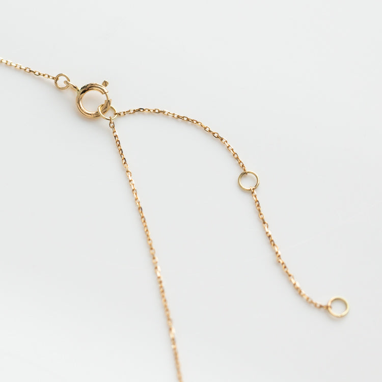 Close-up of the Solid Gold Ginkgo Leaf Diamond Necklace featuring a spring ring clasp, two adjustment loops, and a graceful ginkgo leaf pendant, shown on a plain white background.