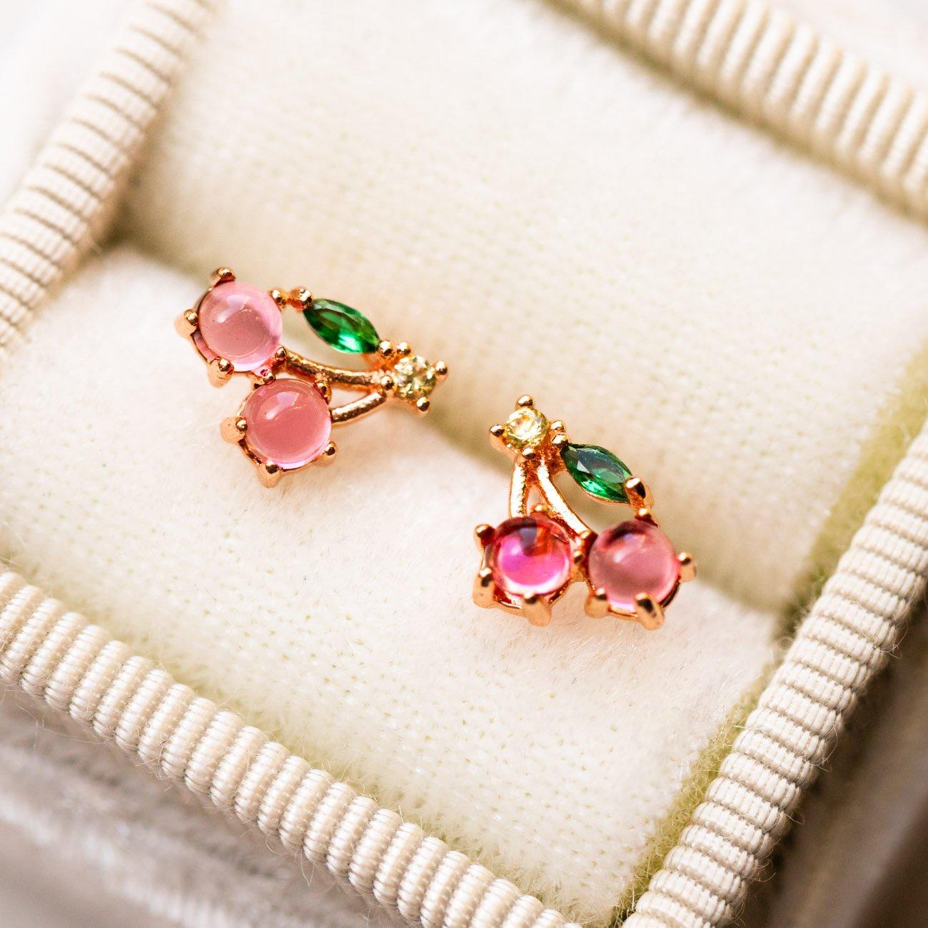 cherry stud earrings unique yellow gold colorful stone dainty fruit jewelry