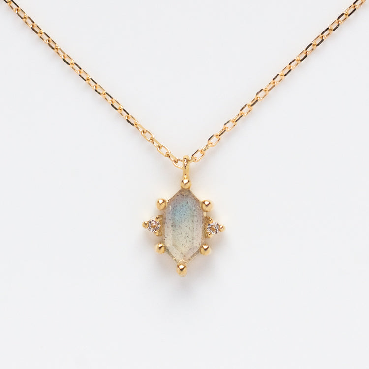 Solid Gold Mystic Labradorite Hexagon Necklace for Protection