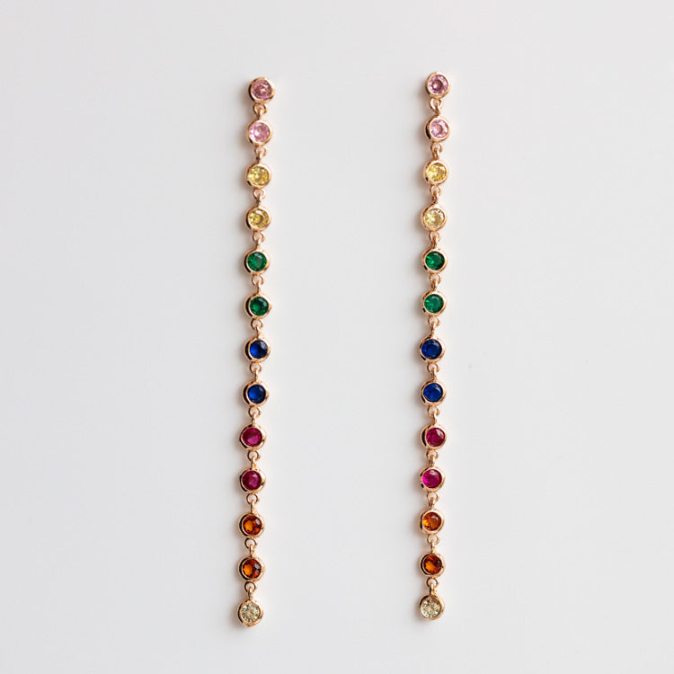 Cici Bezel Long Duster Earrings in Rainbow yellow gold dainty dangle colorful jewelry lili claspe