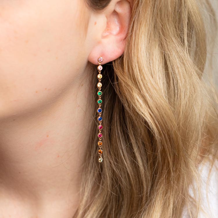 Cici Bezel Long Duster Earrings in Rainbow yellow gold dainty dangle colorful jewelry lili claspe
