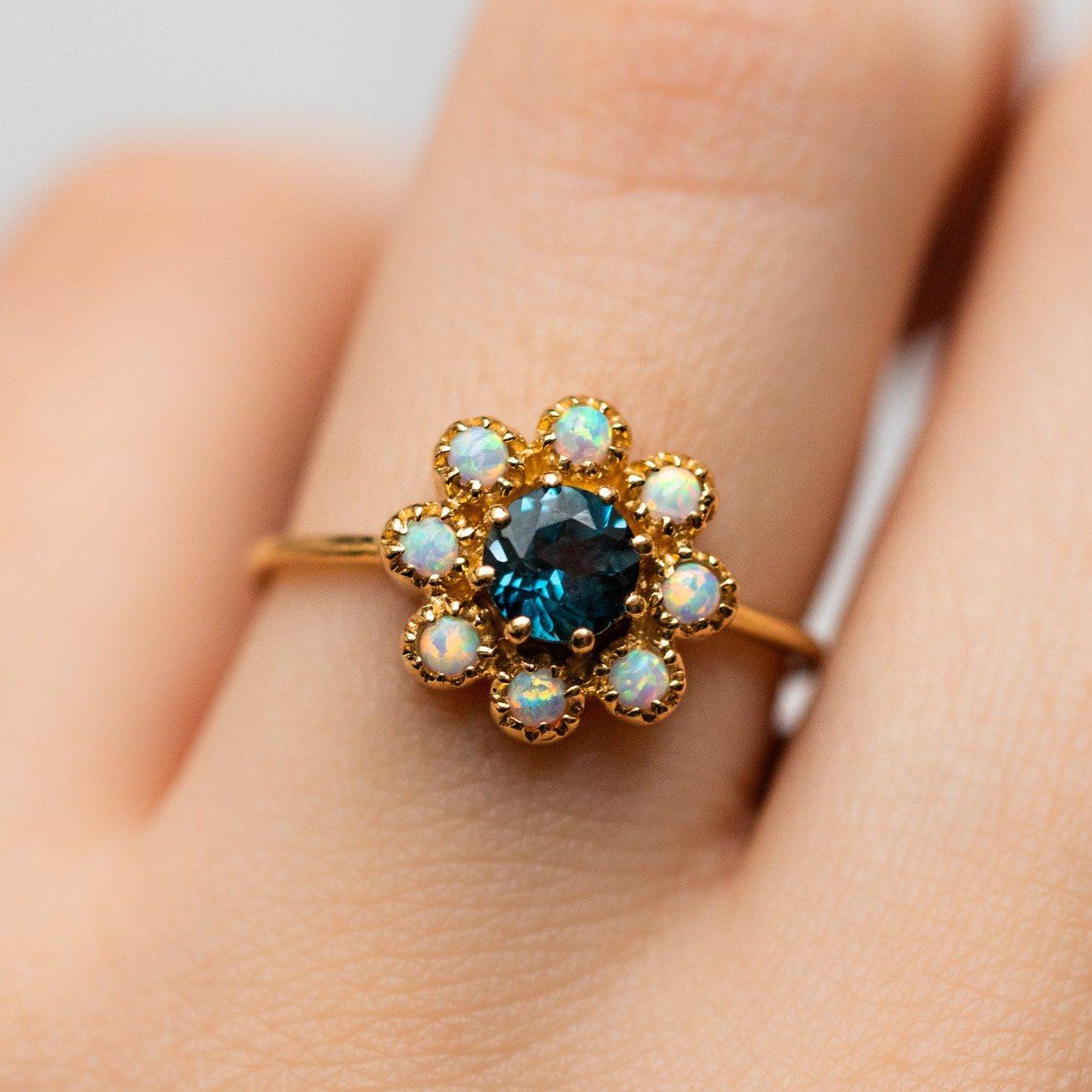 London Blue Topaz Opal Picasso Yellow Gold Statement Ring La Kaiser