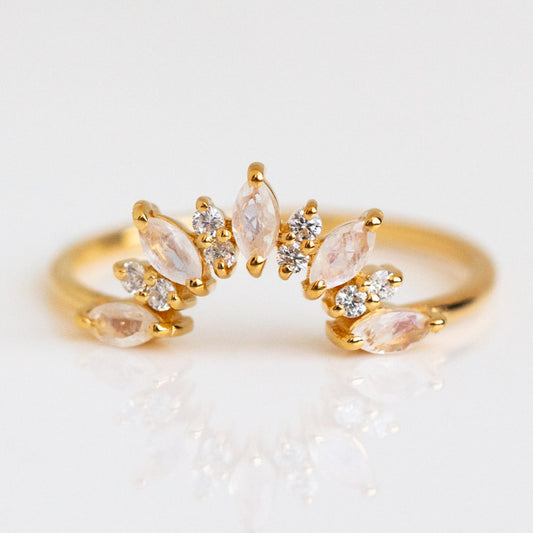 Rainbow Moonstone Sunrise Arc Ring dainty yellow gold jewelry la kaiser